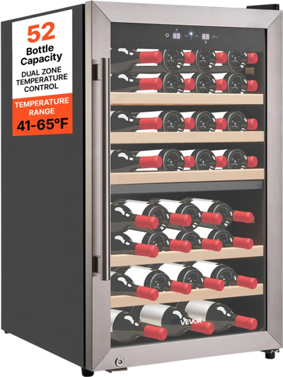 VEVOR 52 Bottle Wine Fridge, Freestanding Wine Cooler Refrigerator, Dual Zone Cooler, 41℉ to 65℉ Adjustable Temp Mini Cellar, Glass Door, For Home Office Bar, Red White Champagne or Sparkling Wines