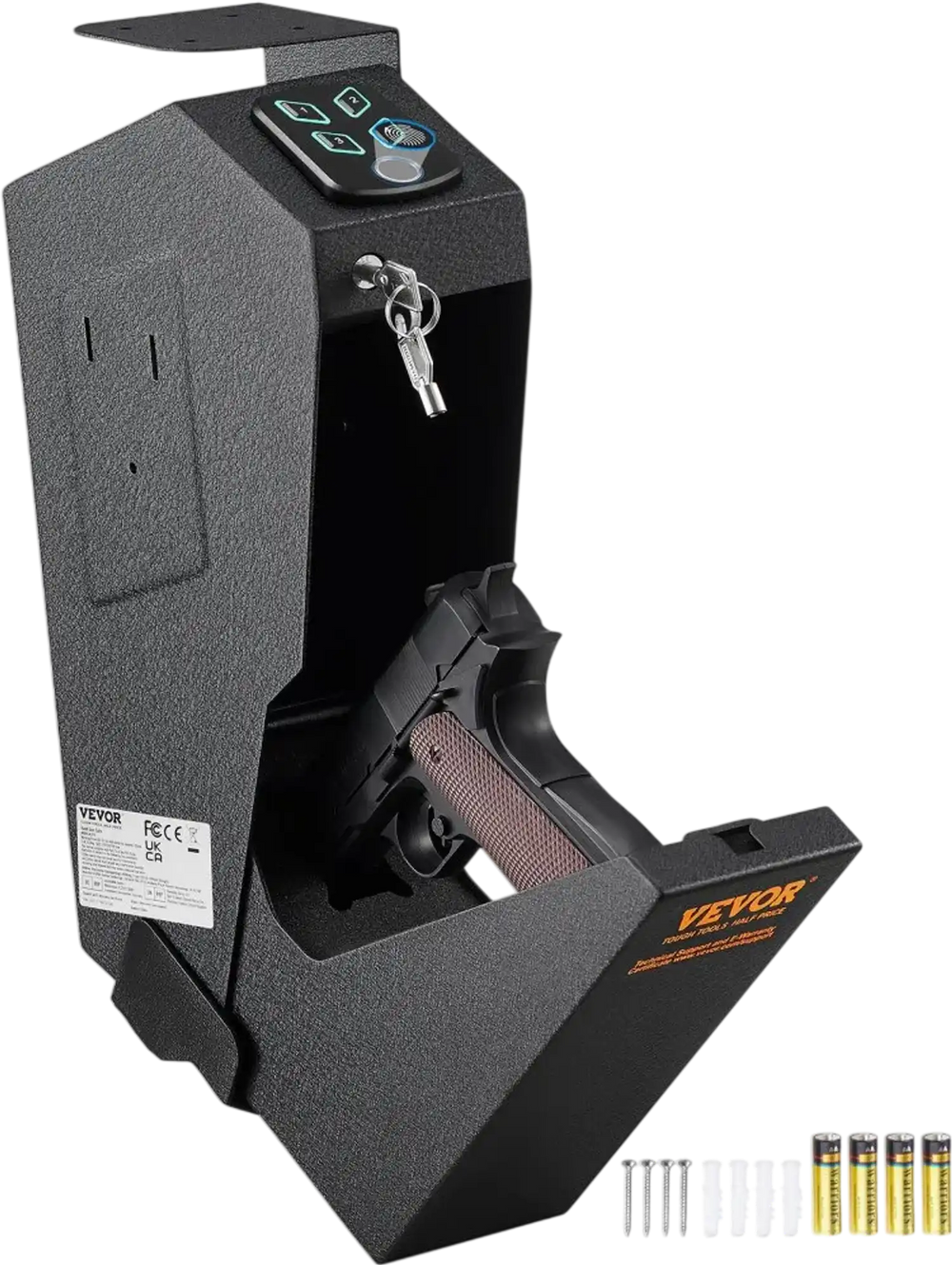 VEVOR Mounted Gun Safe for Pistols, Biometric Gun Safe with Three Quick Access Ways of Fingerprints, Passwords and Keys, Handgun Safe for 1 Pistol for Home, Bedside, Nightstand, Wall