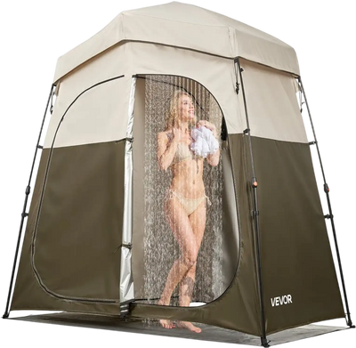 VEVOR Camping Shower Tent, 2-Room Foldable Portable Privacy Tent Changing Room with Ground Stakes, Ropes, and Carry Bag, 150D Oxford Fabric with Silver Coating, for Camping, Beach, and Fishing