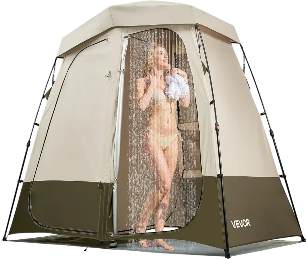 VEVOR Camping Shower Tent, 2-Room Foldable Privacy Tent Changing Room with Ground Stakes, Ropes, Carry Bag, and Crossbar, 150D Oxford Fabric with Silver Coating, for Camping, Beach, and Fishing