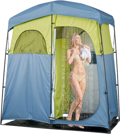 VEVOR Camping Shower Tent, 2-Room Portable Privacy Tent Changing Room with Shower Bag, Ground Stakes, Ropes, Carry Bag, and Support Poles, 150D Oxford Fabric with Silver Coating, for Camping, Fishing