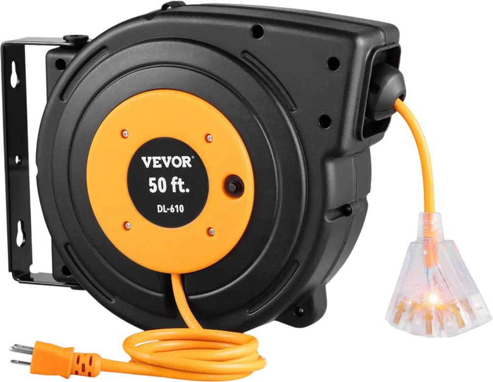 VEVOR 50ft Retractable Extension Cord Reel 14AWG/3CSJTOW Power Cord Reel