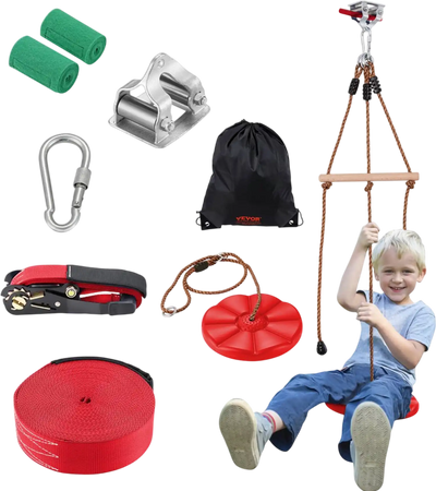 VEVOR Zipline Kit for Kids and Adult, 65 ft Zip Line Kits Up to 500 lb, Backyard Outdoor Quick Setup Zipline, Playground Entertainment with Zipline, Nylon Safety Harness, Seat, and Handlebar