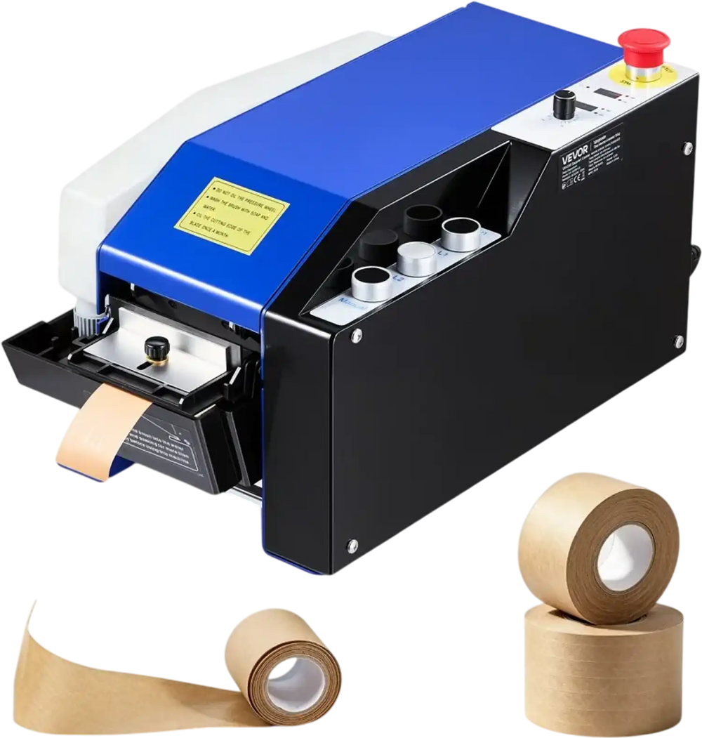 VEVOR Water-Activated Tape Dispenser, Automatic Kraft Gummed Tape Dispenser, 100–995mm Adjustable Length, 40–100mm Tape Width, 110V Electric Water-Activated Tape Cutter for Carton Sealing, Box Packing