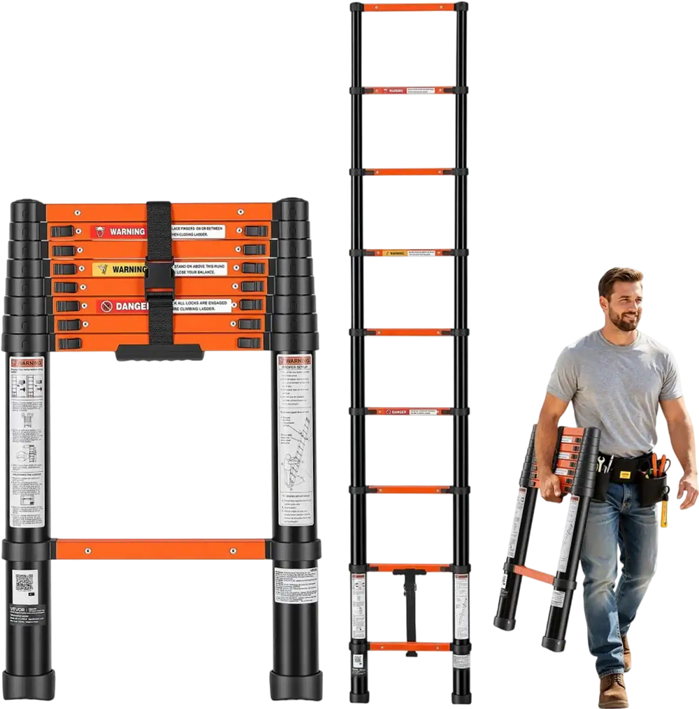 VEVOR Telescoping Ladder, 8.5 ft Extension Ladder Multi-Button Retraction, Heavy-Duty 330 lbs Capacity, for Home Repairs, Painting, Window Cleaning and RV, Aluminum, Anti-Slip Steps, Orange & Black