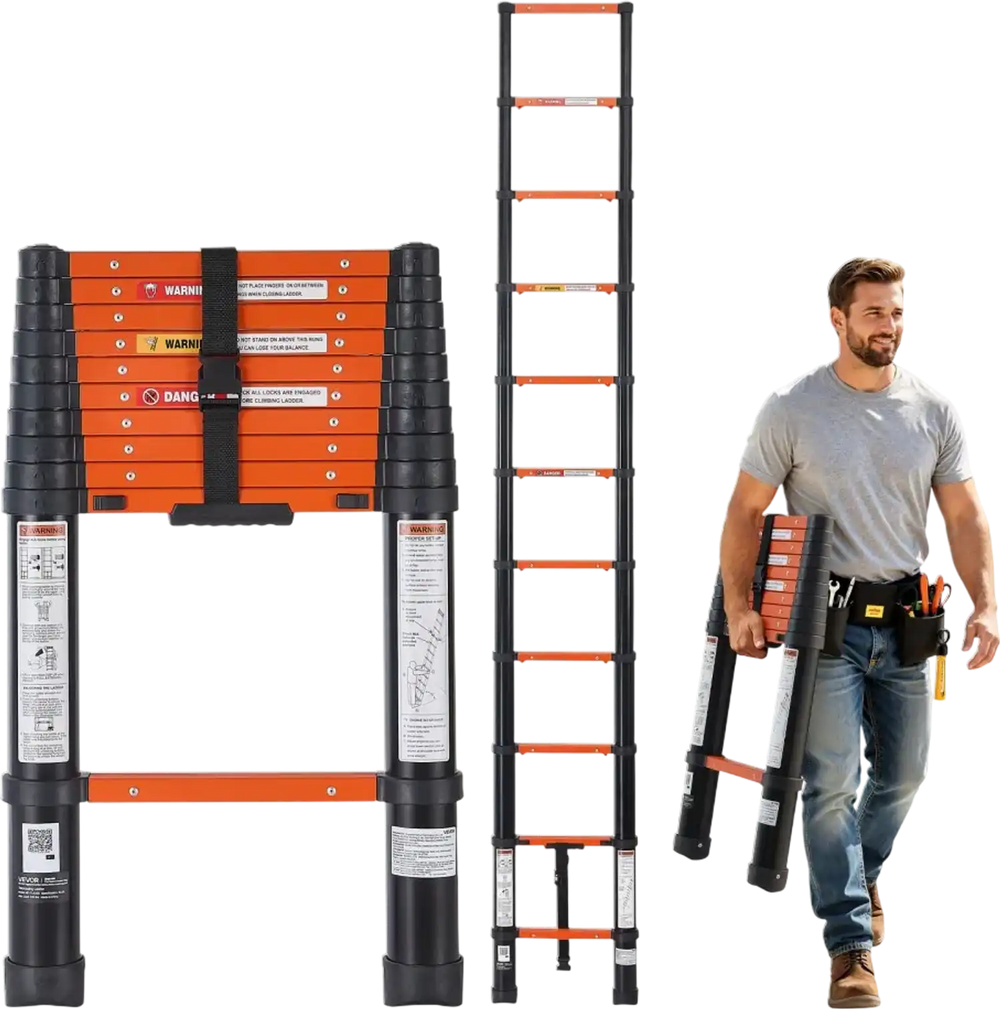 VEVOR Telescoping Ladder, 10.5 ft Extension Ladder One-Button Retraction, Heavy-Duty 330 lbs Capacity, for Home Repairs, Painting, Window Cleaning and RV, Aluminum, Anti-Slip Steps, Orange & Black