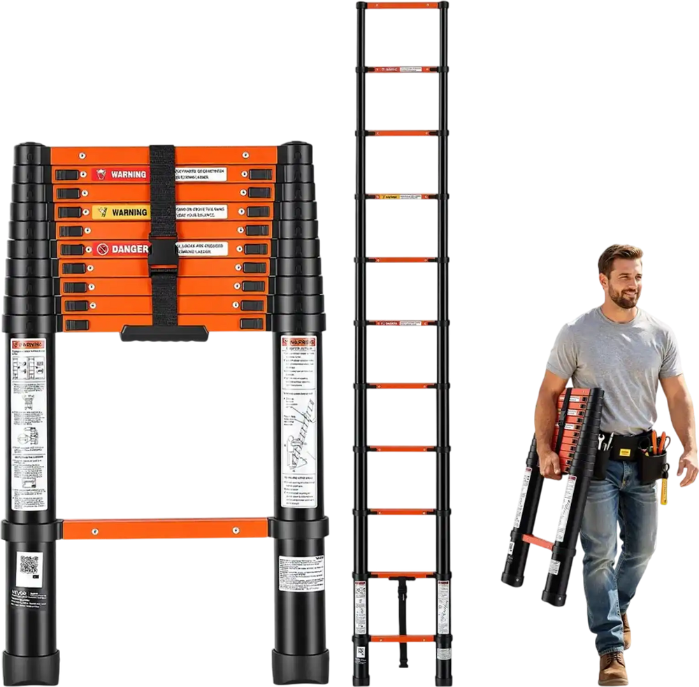 VEVOR Telescoping Ladder, 10.5 ft Extension Ladder Multi-Button Retraction, Heavy-Duty 330 lbs Capacity, for Home Repairs, Painting, Window Cleaning and RV, Aluminum, Anti-Slip Steps, Orange & Black