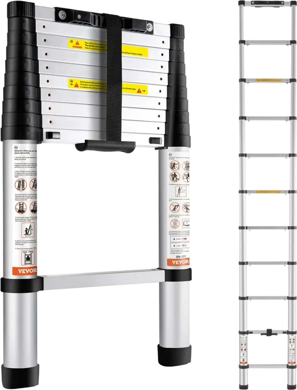 VEVOR Telescoping Ladder, 10.5 FT Aluminum One-button Retraction Collapsible Extension Ladder, 375 LBS Capacity with Non-slip Feet, Portable Multi-purpose Compact Ladder for Home, RV, Loft, ANSI Liste