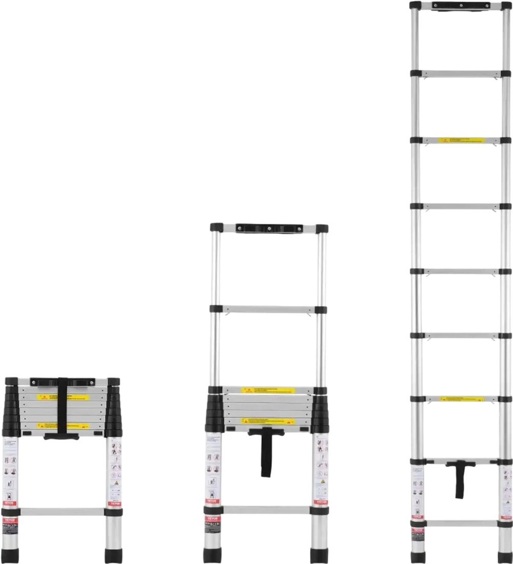 VEVOR Telescoping Ladder, 8.5FT Aluminum Lightweight Extension Ladder, One-button Retraction Collapsible Ladder, 375 LBS Capacity with Non-slip Feet, Portable Compact Ladders for Home, RV, Loft