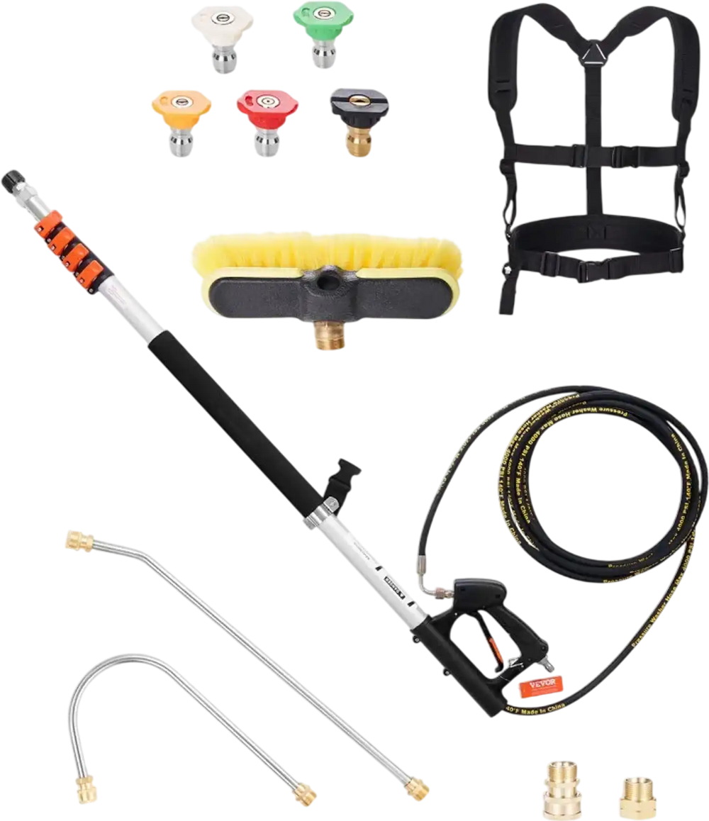 VEVOR Pressure Washer Telescoping Wand, 18 ft, 4000 psi, Telescopic Spray Wand with Power Washer Extension Wands, Gutter Cleaner, Brush Head, 5 Spray Nozzle Tips, Adapter and Adjustable Support Belt