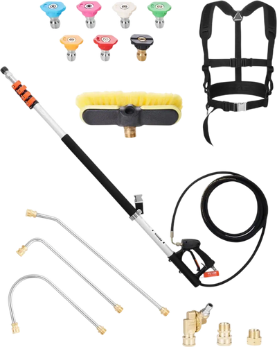 VEVOR Pressure Washer Telescoping Wand, 24 ft, 4000 psi, Telescopic Spray Wand with Power Washer Extension Wands, Gutter Cleaner, Brush Head, Pivoting Coupler, 7 Spray Nozzles and Support Harness
