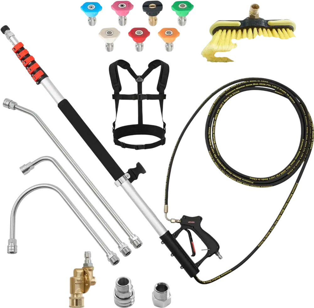 VEVOR 25 FT Pressure Washer Telescoping Wand, with Power Washer Extension Wands & High Pressure Hose, Brush Head, 7 Nozzles, Hose Adapter, Upgrade Support Belt, Storage Bag, 4000 PSI for High Cleaning