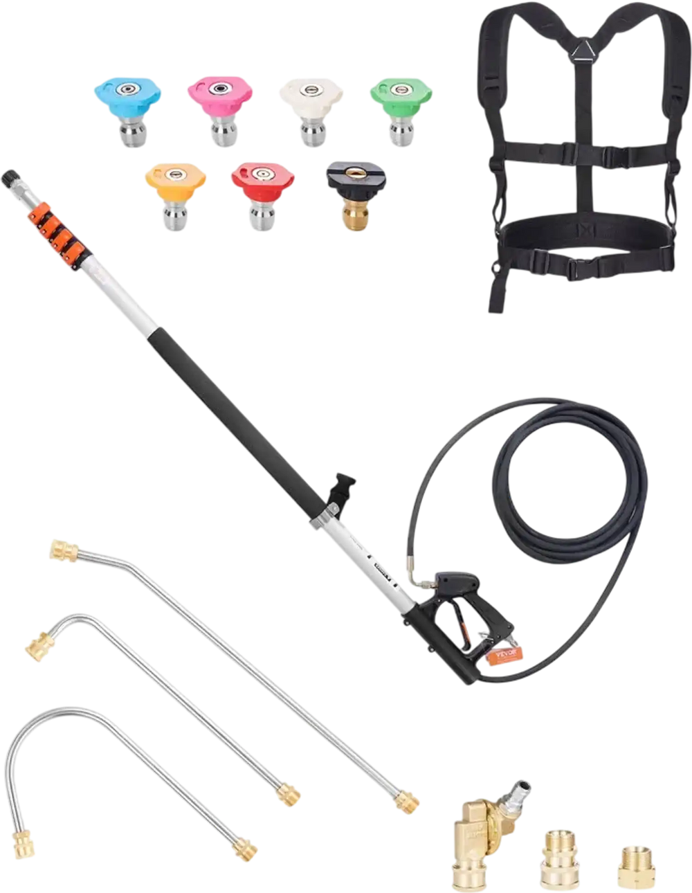 VEVOR Pressure Washer Telescoping Wand, 24 ft, 4000 psi, Telescopic Spray Wand with Power Washer Extension Wands, Gutter Cleaner, Pivoting Coupler, 7 Spray Nozzle Tips and Adjustable Support Harness