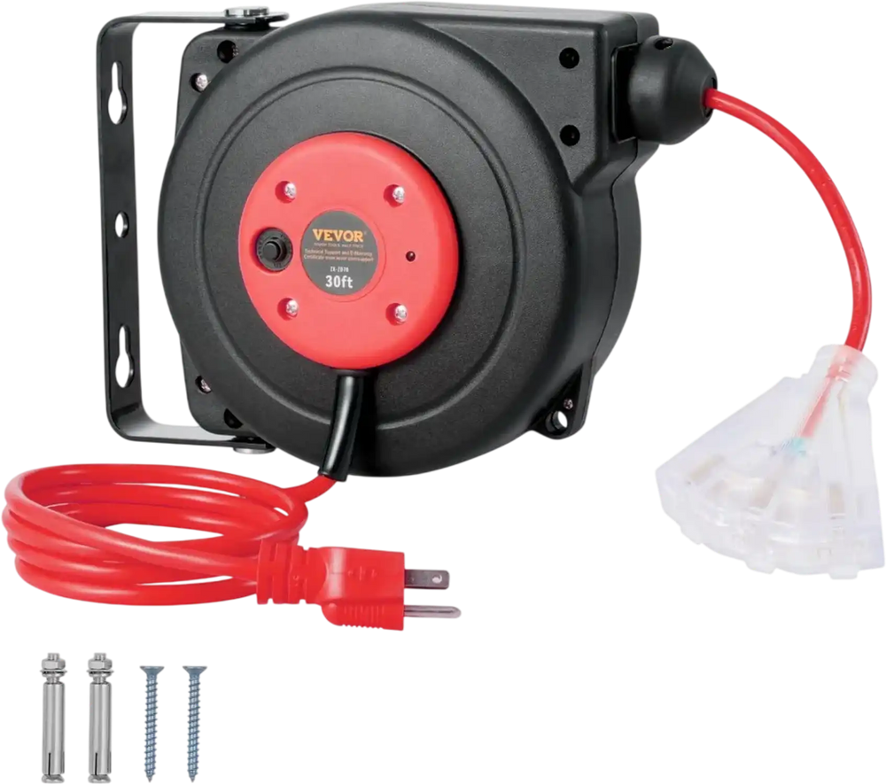 VEVOR Retractable Extension Cord Reel, 30 FT, Heavy Duty 16AWG/3C SJTOW Retractable Power Cord Reel with Lighted Triple Tap Outlet 10 Amp Circuit Breaker 4.5FT Lead-in Cord, for Ceiling or Wall Mount
