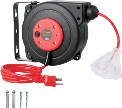 VEVOR Retractable Extension Cord Reel, 30 FT, Heavy Duty 16AWG/3C SJTOW Retractable Power Cord Reel with Lighted Triple Tap Outlet 10 Amp Circuit Breaker 4.5FT Lead-in Cord, for Ceiling or Wall Mount