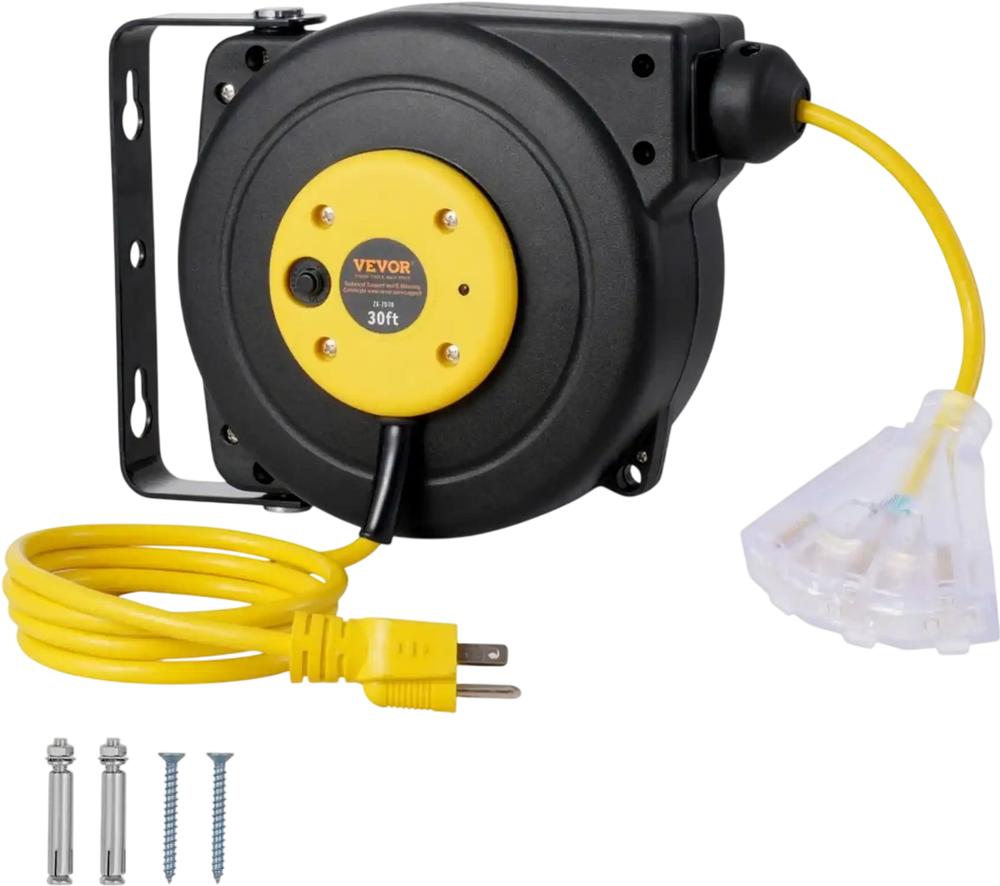 VEVOR Retractable Extension Cord Reel, 30 FT, Heavy Duty 16AWG/3C SJTOW Retractable Power Cord Reel with Lighted Triple Tap Outlet 10 Amp Circuit Breaker 4.5FT Lead-in Cord, for Ceiling or Wall Mount