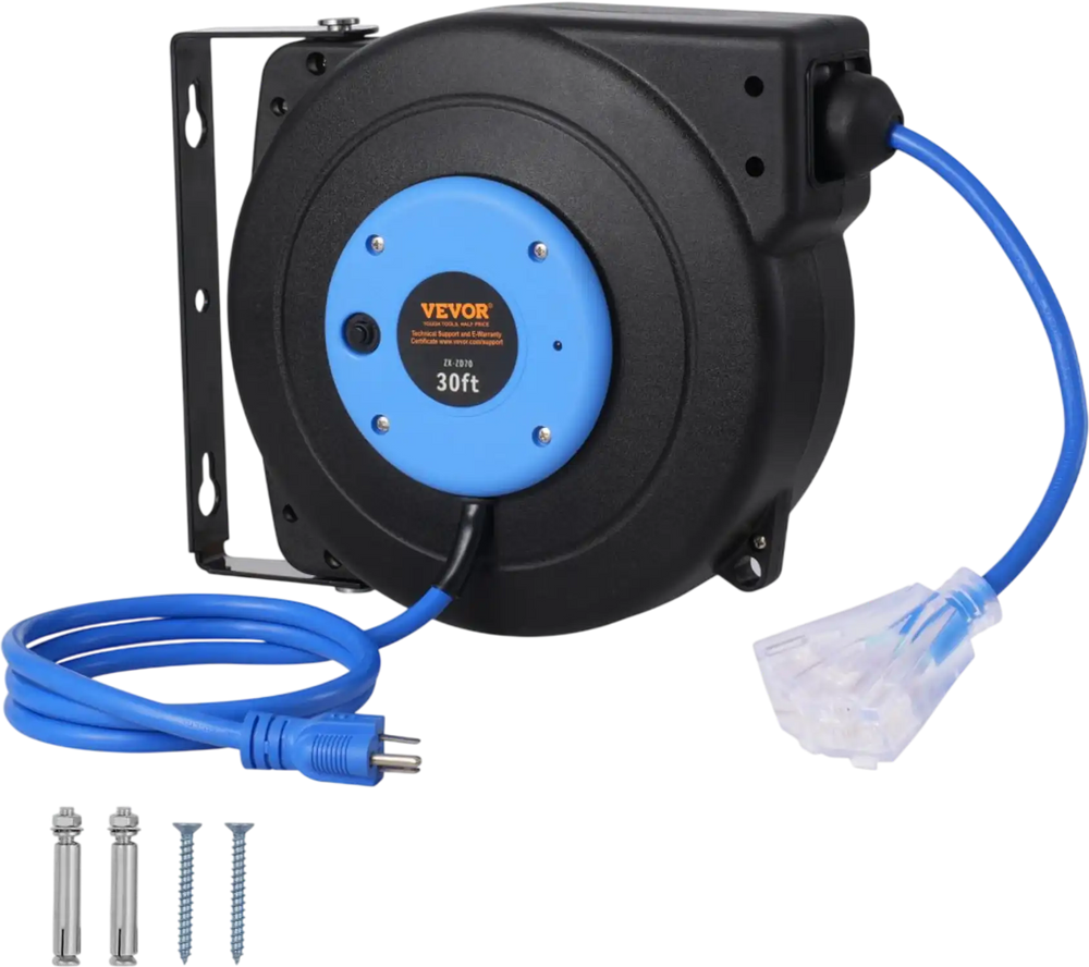 VEVOR Retractable Extension Cord Reel, 30 FT, Heavy Duty 16AWG/3C SJTOW Retractable Power Cord Reel with Lighted Triple Tap Outlet 10 Amp Circuit Breaker 4.5FT Lead-in Cord, for Ceiling or Wall Mount