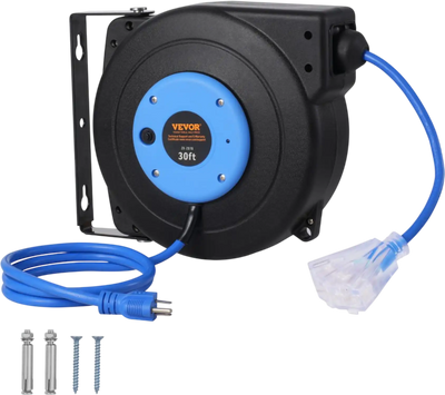 VEVOR Retractable Extension Cord Reel, 30 FT, Heavy Duty 16AWG/3C SJTOW Retractable Power Cord Reel with Lighted Triple Tap Outlet 10 Amp Circuit Breaker 4.5FT Lead-in Cord, for Ceiling or Wall Mount