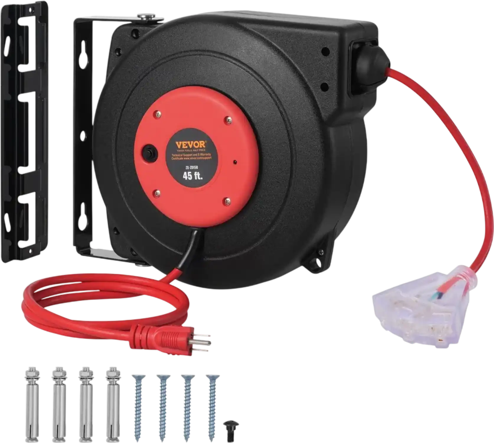 Vevor Extension Cord Reel 45' Retractable Power Cord with Lighted Triple Tap Outlet New