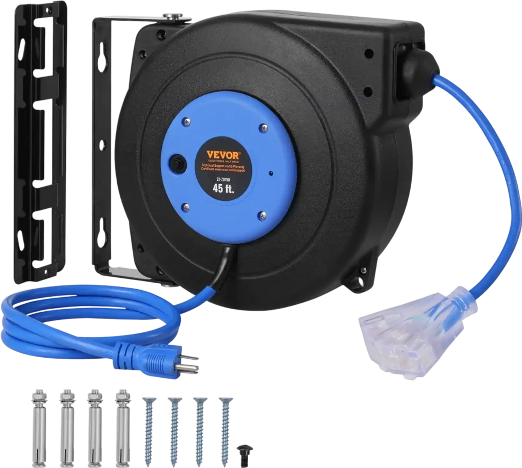 Vevor Extension Cord Reel 45' 12AWG/3C Retractable Power Cord with Lighted Triple Tap Outlet New