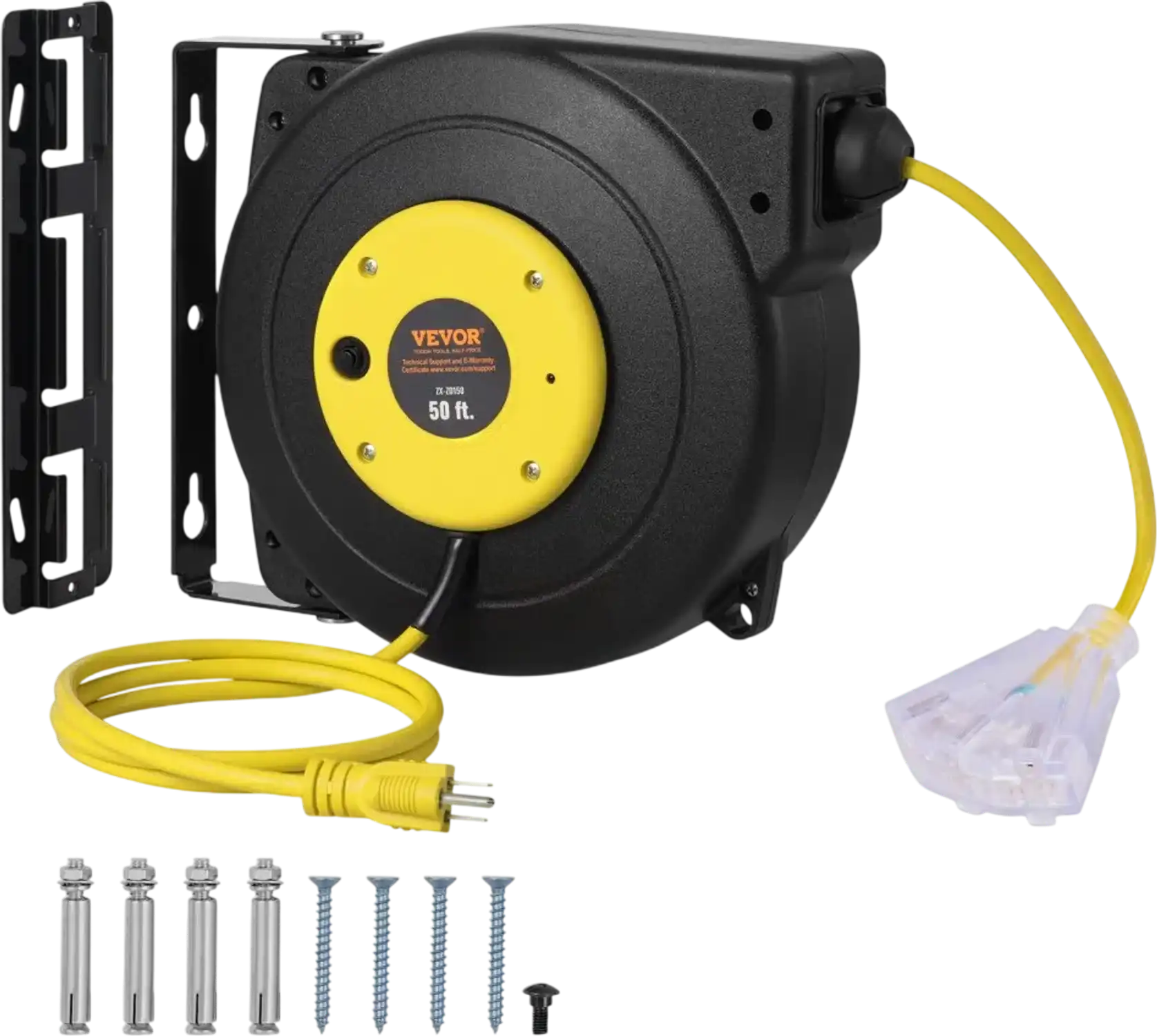 Vevor Extension Cord Reel 50' Retractable Power Cord with Lighted Triple Tap Outlet New