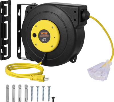 VEVOR Retractable Extension Cord Reel, 50 FT, Heavy Duty 14AWG/3C SJTOW Retractable Power Cord with Lighted Triple Tap Outlet, 13 Amp Circuit Breaker 180° Swivel Bracket for Ceiling or Wall Mount