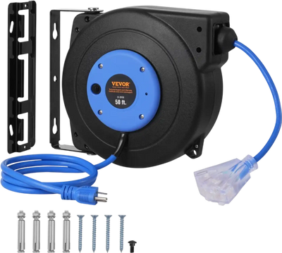 VEVOR Retractable Extension Cord Reel, 50 FT, Heavy Duty 14AWG/3C SJTOW Retractable Power Cord with Lighted Triple Tap Outlet, 13 Amp Circuit Breaker 180° Swivel Bracket for Ceiling or Wall Mount