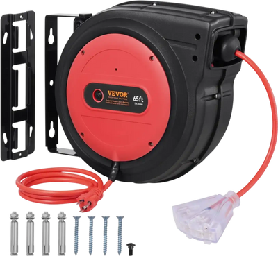 VEVOR Retractable Extension Cord Reel, 65 FT, Heavy Duty 12AWG/3C SJTOW Retractable Power Cord with Lighted Triple Tap Outlet, 15 Amp Circuit Breaker 180° Swivel Bracket for Ceiling or Wall Mount