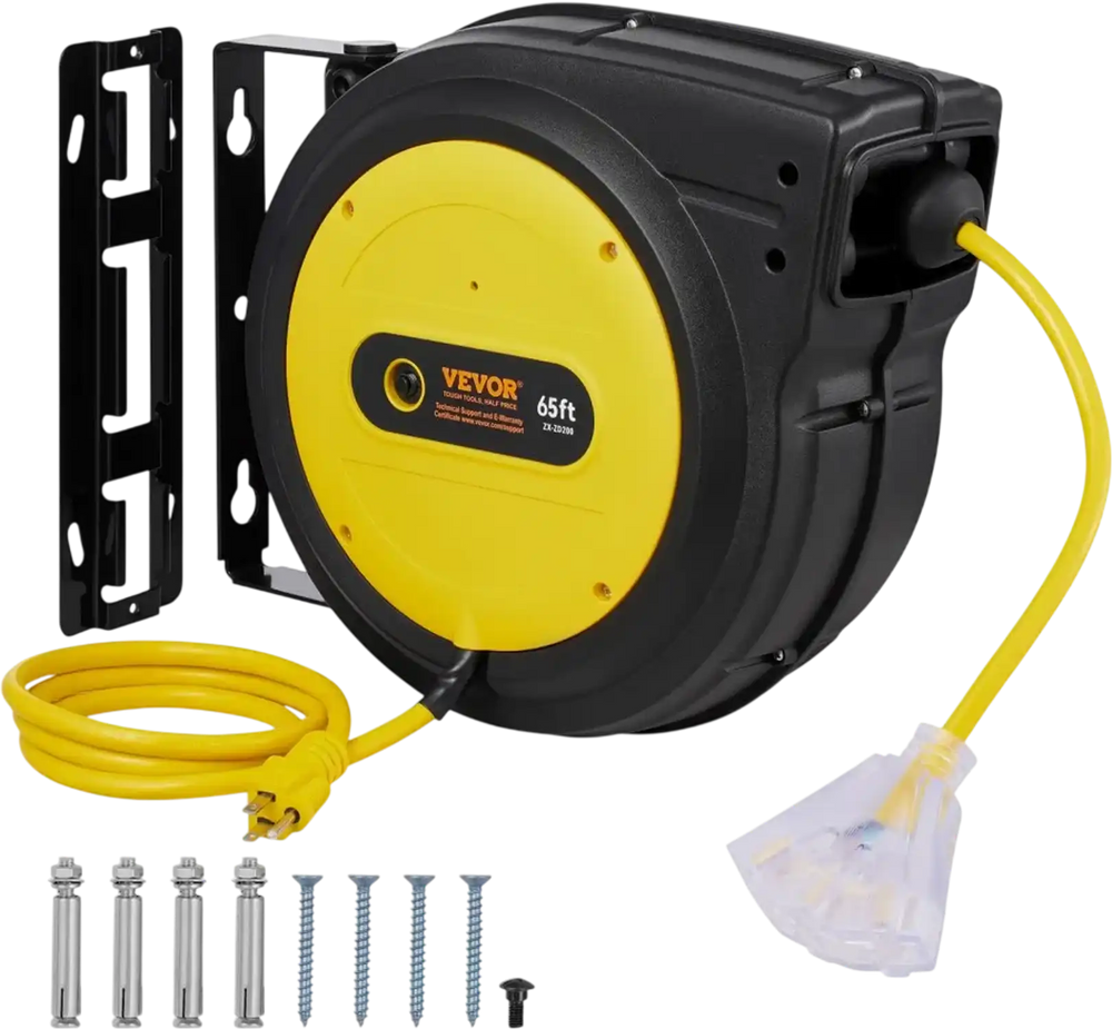 VEVOR Retractable Extension Cord Reel, 65 FT, Heavy Duty 12AWG/3C SJTOW Retractable Power Cord with Lighted Triple Tap Outlet, 15 Amp Circuit Breaker 180° Swivel Bracket for Ceiling or Wall Mount