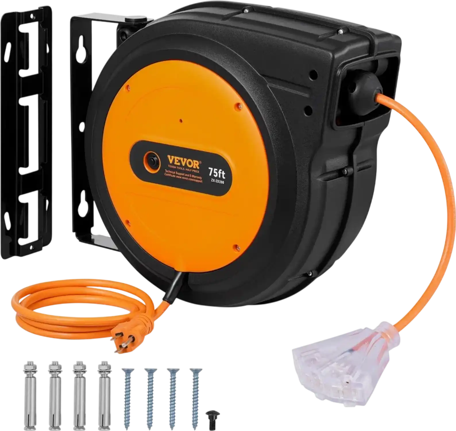 Vevor Extension Cord Reel 75' Heavy Duty Retractable Power Cord with Lighted Triple Tap Outlet New