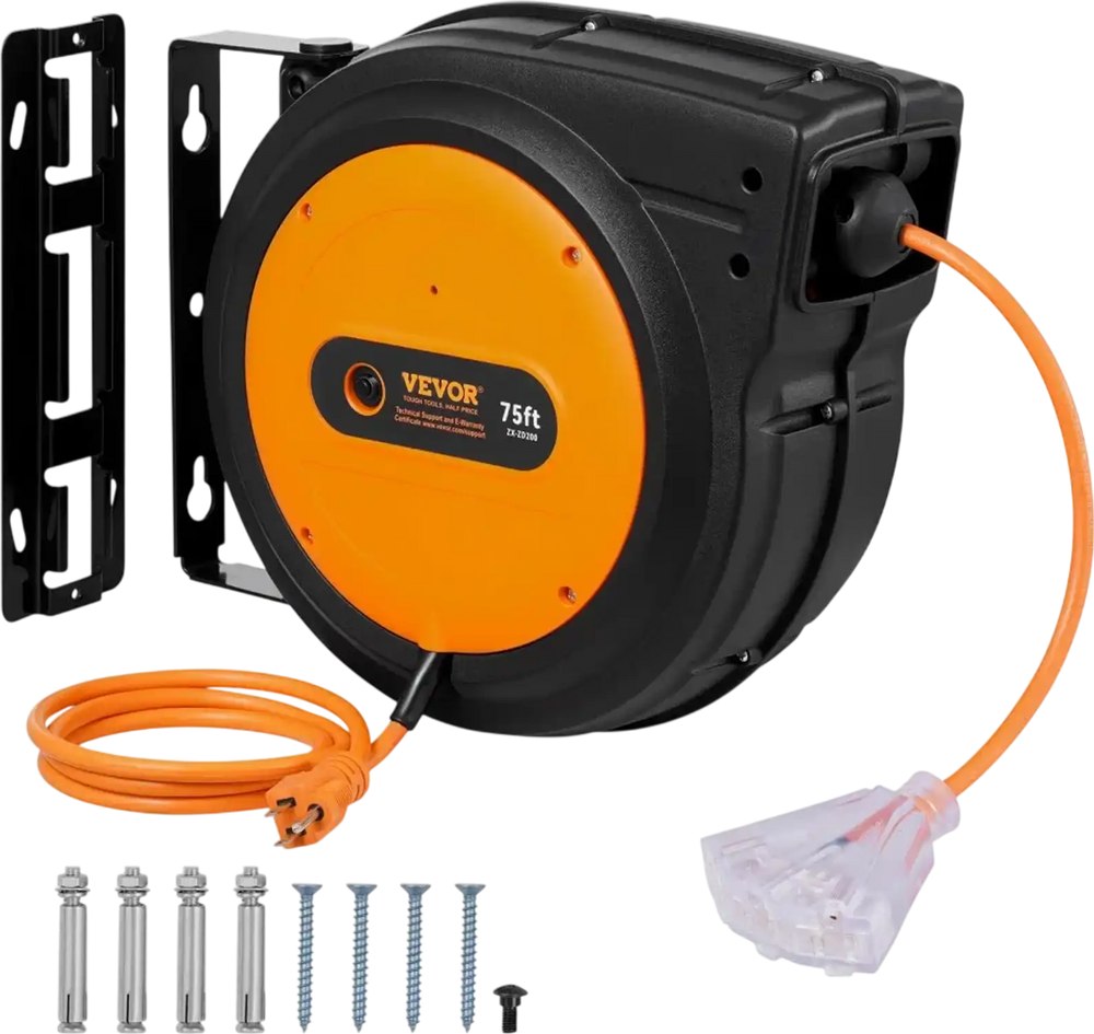 VEVOR Retractable Extension Cord Reel, 75 FT, Heavy Duty 14AWG/3C SJTOW Retractable Power Cord with Lighted Triple Tap Outlet, 13 Amp Circuit Breaker 180° Swivel Bracket for Ceiling or Wall Mount
