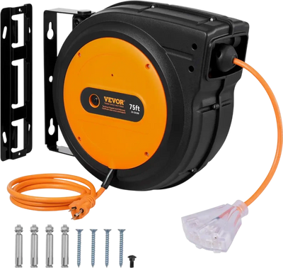 Vevor Extension Cord Reel 75' Heavy Duty Retractable Power Cord with Lighted Triple Tap Outlet New