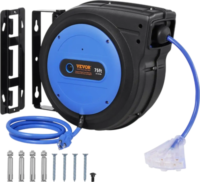 Vevor Extension Cord Reel 75' Retractable Power Cord with Lighted Triple Tap Outlet New