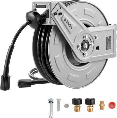 VEVOR Pressure Washer Hose Reel, 65 ft x 1/4 inch Retractable Power Heavy-Duty Steel Washer Hose Reel, 3200PSI Max, Auto-Rewinding, Flexible Wall/Floor Mounted for Car Washing,Garden,Floor Cleaning