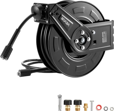 VEVOR Pressure Washer Hose Reel, 60 ft x 1/4 inch Retractable Power Heavy-Duty Steel Washer Hose Reel, 4000PSI Max, Auto-Rewinding, Flexible Wall/Floor Mounted for Car Washing,Garden,Floor Cleaning