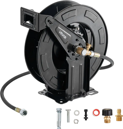 VEVOR Pressure Washer Hose Reel, 50 ft x 3/8 inch Retractable Power Heavy-Duty Steel Washer Hose Reel, 4000PSI Max, Auto-Rewinding, Flexible Wall/Floor Mounted for Car Washing,Garden,Floor Cleaning