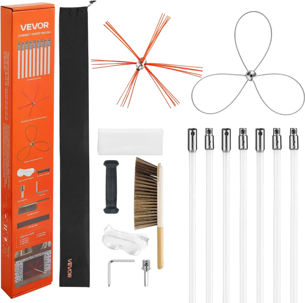 VEVOR Chimney Sweep Kit, 23 ft Maximum Extendable Length Chimney Brush, Chimney Cleaner Sweeper with Dual Brush Heads, Brush & Goggles, Fireplace Cleaning Tool for Square, Rectangle, Arch Chimneys