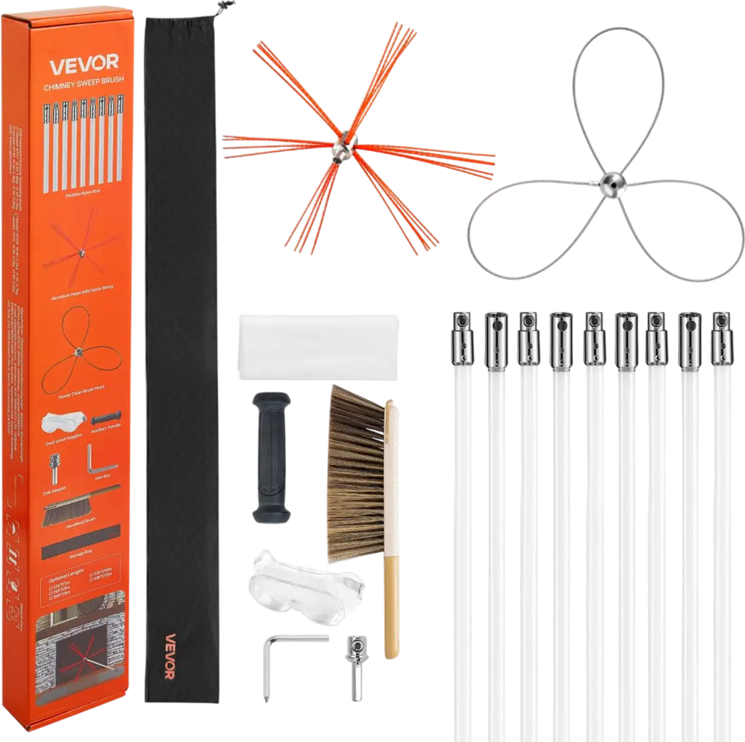 Vevor Chimney Sweep Kit 30' Dual Brush Heads Fireplace Cleaning Tool New