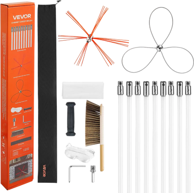 VEVOR Chimney Sweep Kit, 30 ft Maximum Extendable Length Chimney Brush, Chimney Cleaner Sweeper with Dual Brush Heads, Brush & Goggles, Fireplace Cleaning Tool for Square, Rectangle, Arch Chimneys