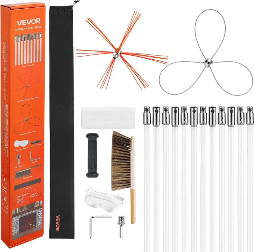 VEVOR Chimney Sweep Kit, 39 ft Maximum Extendable Length Chimney Brush, Chimney Cleaner Sweeper with Dual Brush Heads & Bristle Replacements, Fireplace Cleaning Tool for Square, Rectangle Chimneys