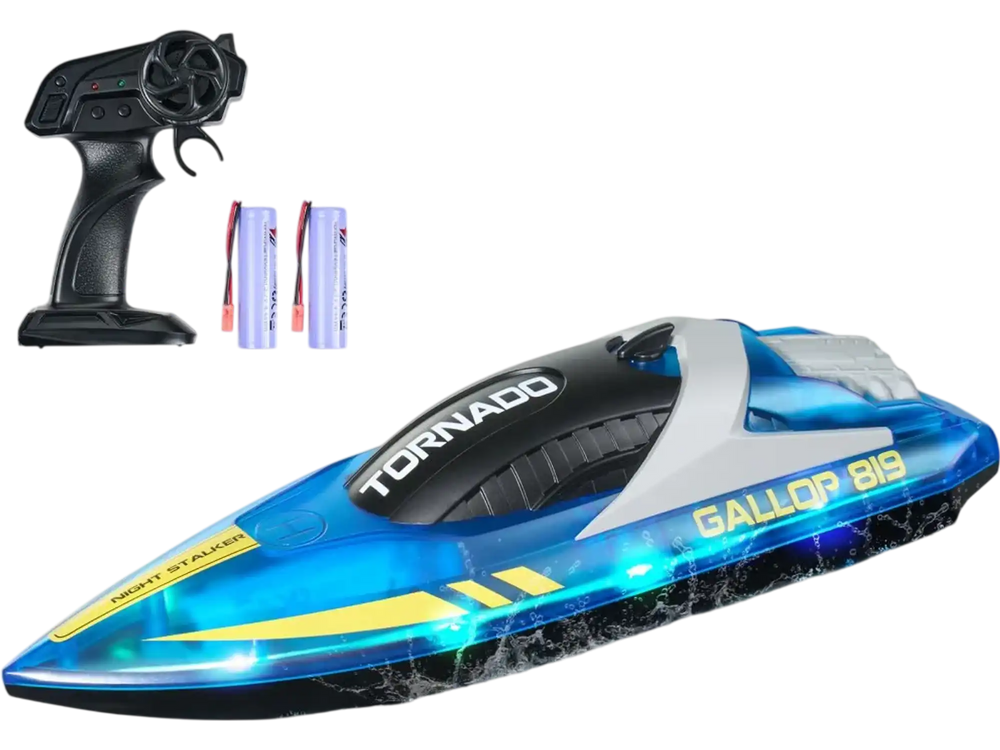 VEVOR RC Boat, 2.4GHz 12 km/h, Remote Control Boat for Pools & Lakes, Racing Boat with LED Light, 2 Rechargeable Batteries, Whole Body Waterproof, Water Play Toy Gift for Adults Boys & Girls, Blue