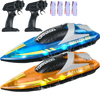 VEVOR RC Boat, 2 Pack 2.4GHz 12 km/h, Remote Control Boat for Pools & Lakes, Racing Boat with LED Light, 4 Rechargeable Batteries, Whole Body Waterproof, Gift for Adults Boys & Girls, Blue & Orange