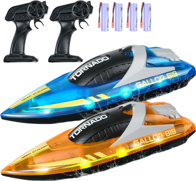 VEVOR RC Boat, 2 Pack 2.4GHz 12 km/h, Remote Control Boat for Pools & Lakes, Racing Boat with LED Light, 4 Rechargeable Batteries, Whole Body Waterproof, Gift for Adults Boys & Girls, Blue & Orange