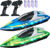 VEVOR RC Boat, 2 Pack 2.4GHz 12 km/h, Remote Control Boat for Pools & Lakes, Racing Boat with LED Light, 4 Rechargeable Batteries, Whole Body Waterproof, Gift for Adults Boys & Girls, Blue & Green