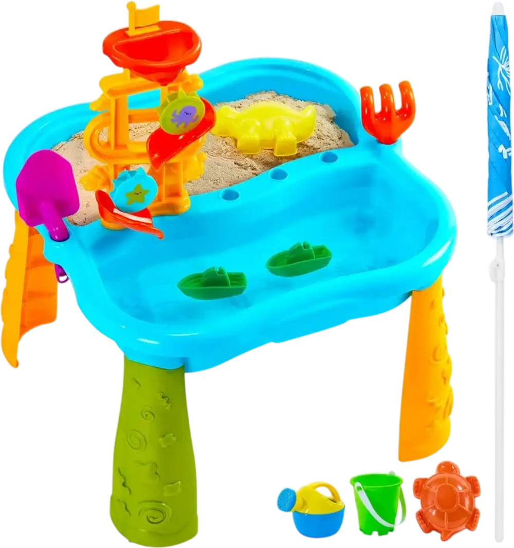 VEVOR Sand and Water Table for Toddlers, Kids Activity Sensory Table, Outdoor Sand Water Playset with 11PCS Toy Accessories & Umbrella, Summer Water Activity Table for 3+ Years Boys Girls, Ideal Gift