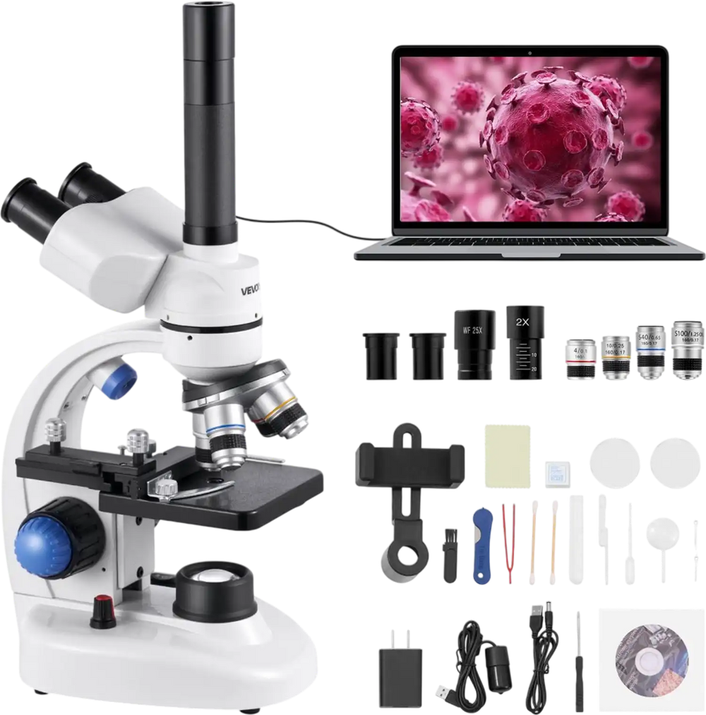 VEVOR Trinocular Microscope, 40-5000X Magnification, Professional Compound Microscope for Adult with Phone Adapter, LED Light, Aluminum Alloy Body, for Lab, School, Home, Education
