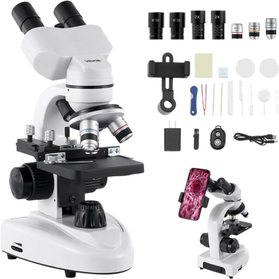 VEVOR Compound Binocular Microscope, 40-2000X Magnification, Professional Compound Microscope for Adult with Phone Adapter, LED Light, Aluminum Alloy Body, for Lab, School, Home, Education