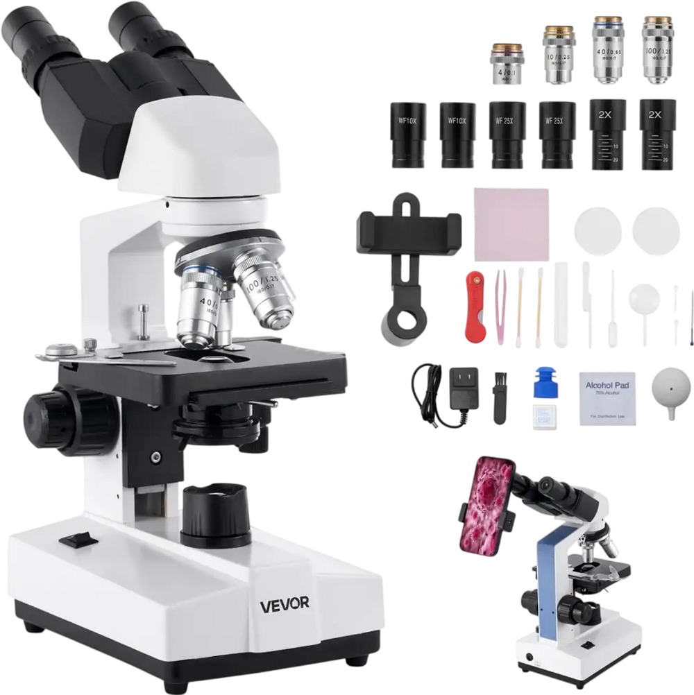 VEVOR Binocular Microscope, 40-5000X Magnification, Professional Compound Microscope for Adult with Dual Stage and Two Sets of Eyepieces, Aluminum Alloy Body, Includes LED Light and Phone Holder