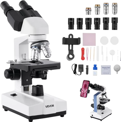 VEVOR Binocular Microscope, 40-5000X Magnification, Professional Compound Microscope for Adult with Dual Stage and Two Sets of Eyepieces, Aluminum Alloy Body, Includes LED Light and Phone Holder