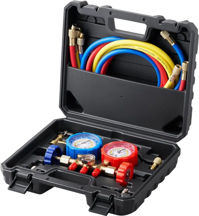 VEVOR AC Gauge Set - 3 Way AC Manifold Gauge Set for R134A R22 R12 R502 Refrigerant, Freon Gauges with 5ft Hoses, Couplers, Can Tap Works on Car Auto Freon Charging and Evacuation
